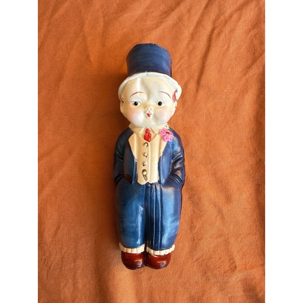 vintage celluloid plastic doll in blue tuxedo and top hat 5.5 inches tall